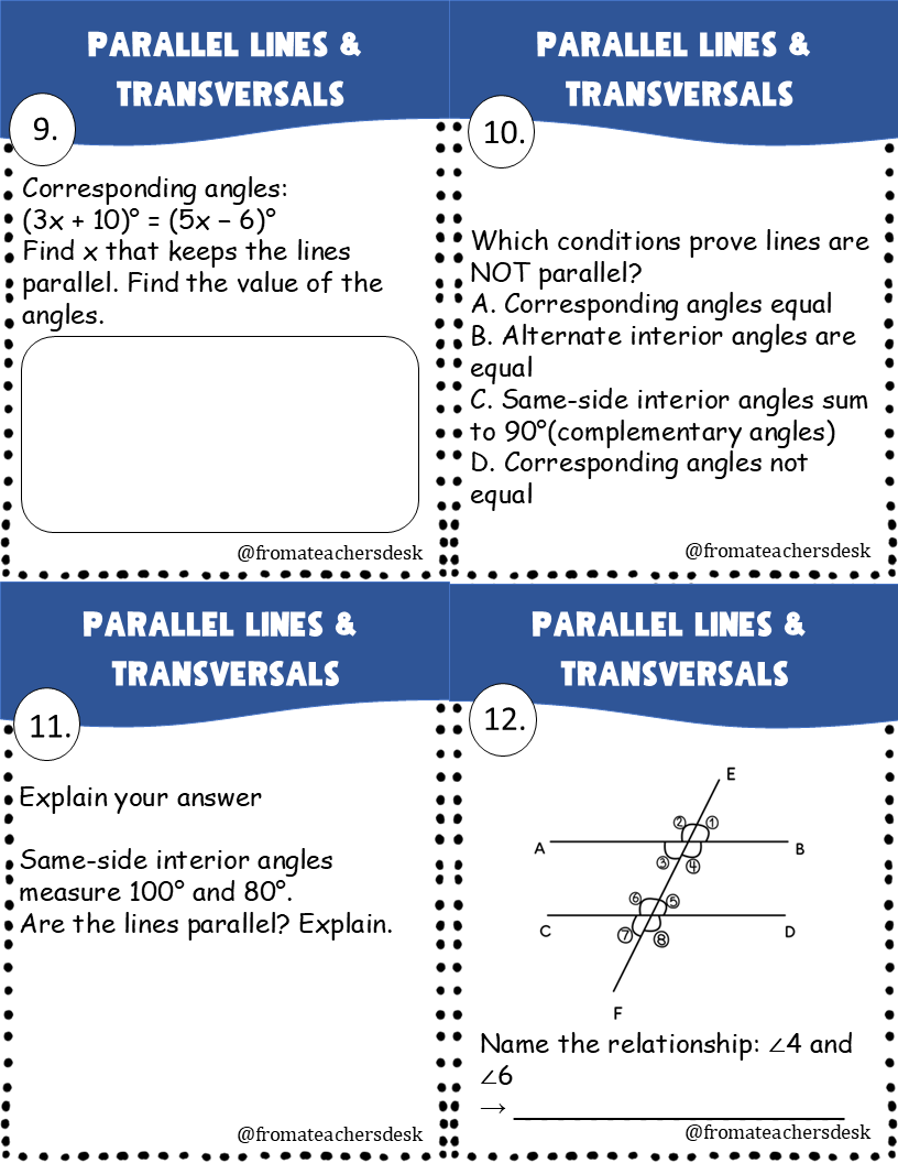 Parallel Lines Cut By a Transversal Worksheets & Task Cards - From ...